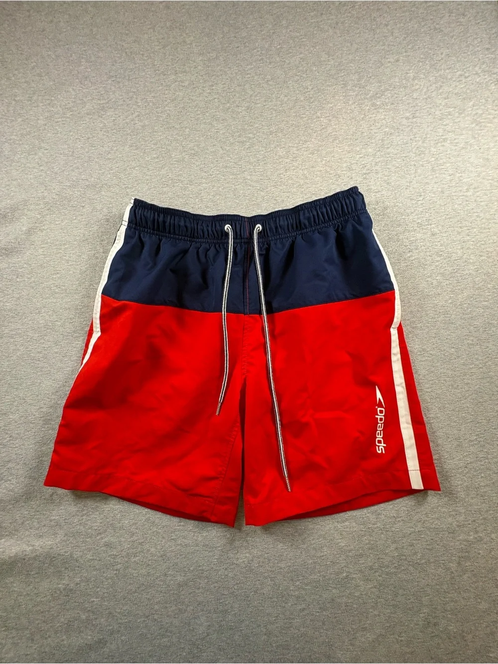 Speedo Mens Red White Navy Blue Elastic Waist Drawstring Swim Trunks Shorts Sz M